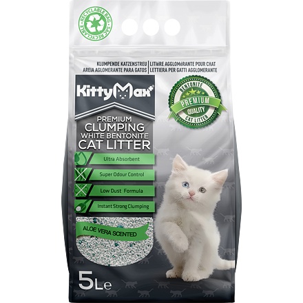 Papírenské zboží - KITTYMAX hrudkující, bezprašný bílý bentonit ALOE VERA  5 l 