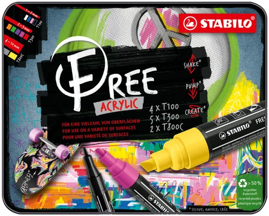 Papírenské zboží - Akrylový popisovač STABILO FREE Acrylic Startovací 11 ks sada - mix barev se 3 hroty